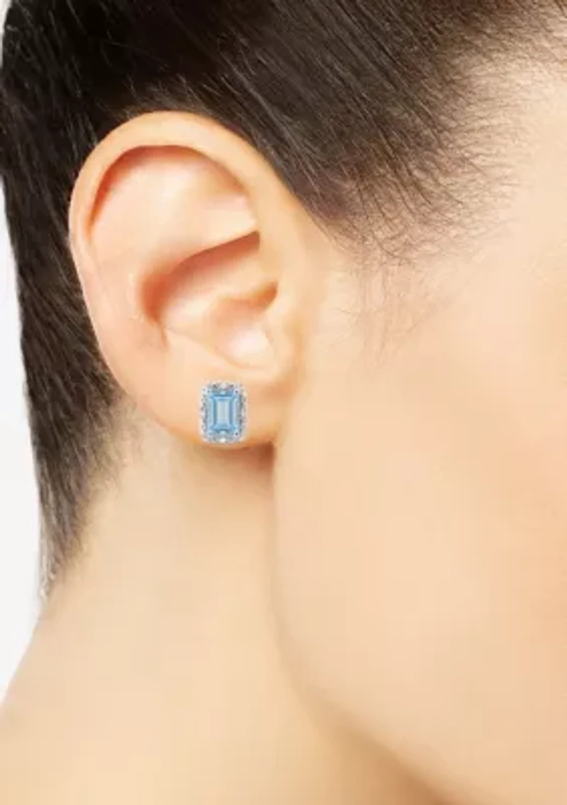 Sterling Silver 6x4mm Emerald Cut Aquamarine Diamond Accent Halo Stud Earrings