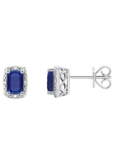 Sterling Silver 6x4mm Emerald Cut Sapphire Diamond Accent Halo Stud Earrings