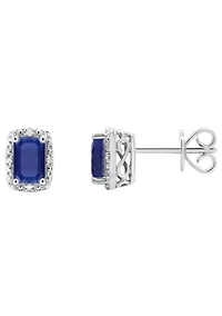 Sterling Silver 6x4mm Emerald Cut Sapphire Diamond Accent Halo Stud Earrings