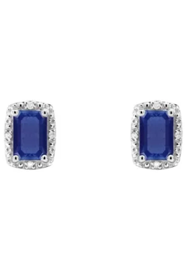Sterling Silver 6x4mm Emerald Cut Sapphire Diamond Accent Halo Stud Earrings