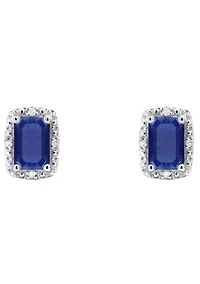 Sterling Silver 6x4mm Emerald Cut Sapphire Diamond Accent Halo Stud Earrings