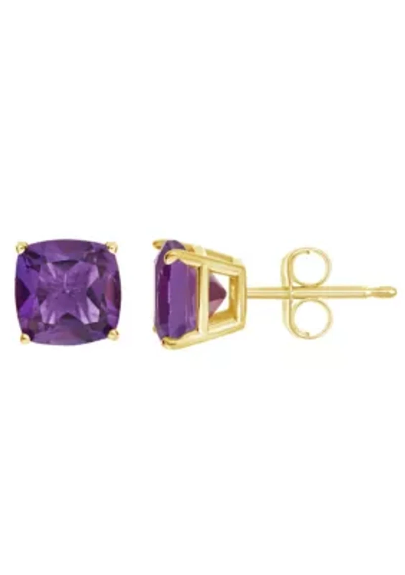 14K Yellow Gold 6mm Cushion Amethyst Stud Earrings