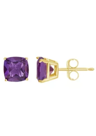 14K Yellow Gold 6mm Cushion Amethyst Stud Earrings