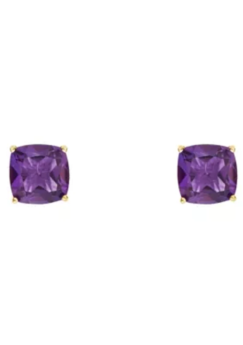 14K Yellow Gold 6mm Cushion Amethyst Stud Earrings
