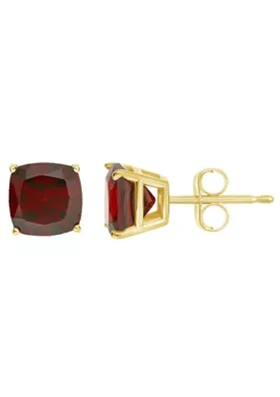 14K Yellow Gold 6mm Cushion Garnet Stud Earrings