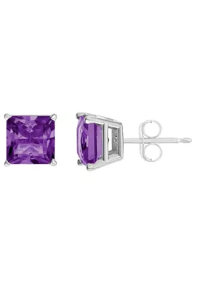 Sterling Silver 6mm Princess Cut Amethyst Stud Earrings