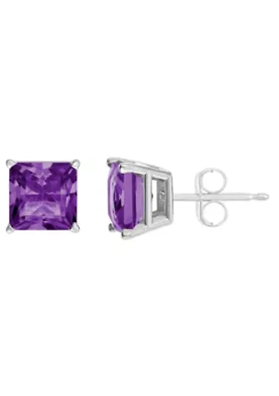 Sterling Silver 6mm Princess Cut Amethyst Stud Earrings