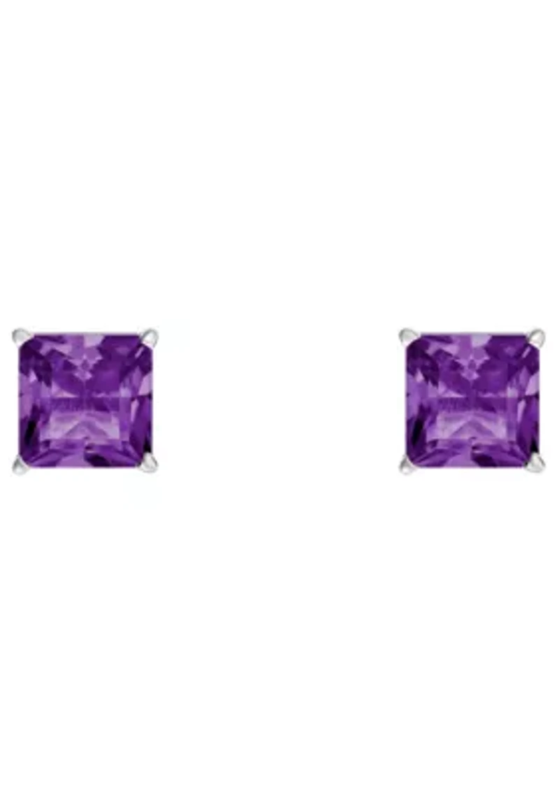 Sterling Silver 6mm Princess Cut Amethyst Stud Earrings