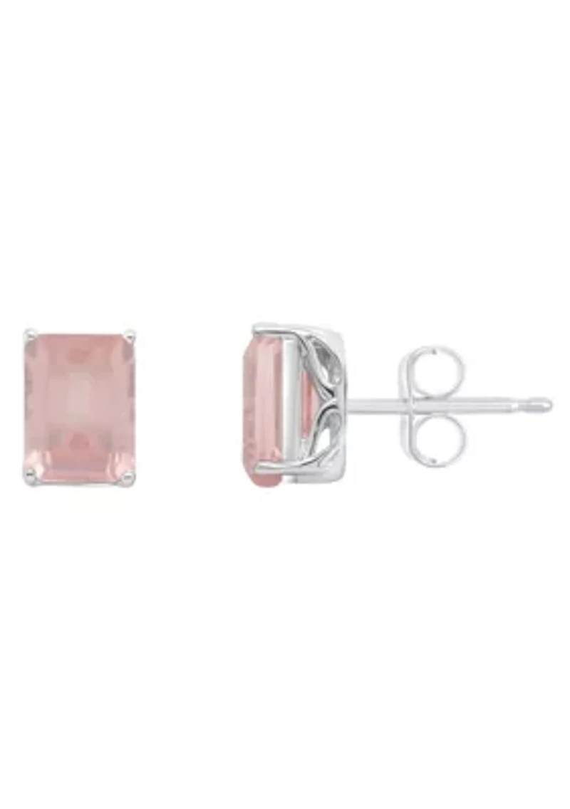 Sterling Silver 8x6mm Emerald Cut Rose Quartz Stud Earrings