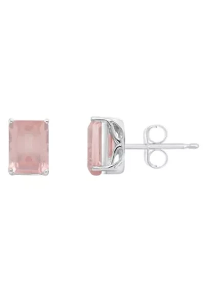 Sterling Silver 8x6mm Emerald Cut Rose Quartz Stud Earrings