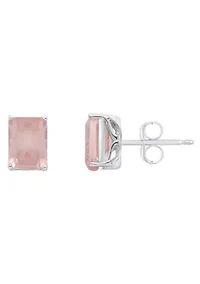 Sterling Silver 8x6mm Emerald Cut Rose Quartz Stud Earrings