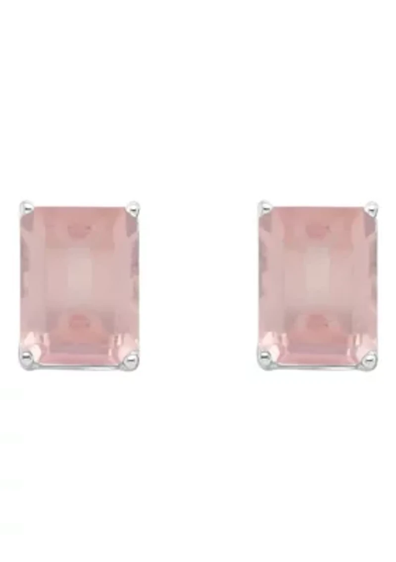 Sterling Silver 8x6mm Emerald Cut Rose Quartz Stud Earrings