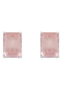 Sterling Silver 8x6mm Emerald Cut Rose Quartz Stud Earrings