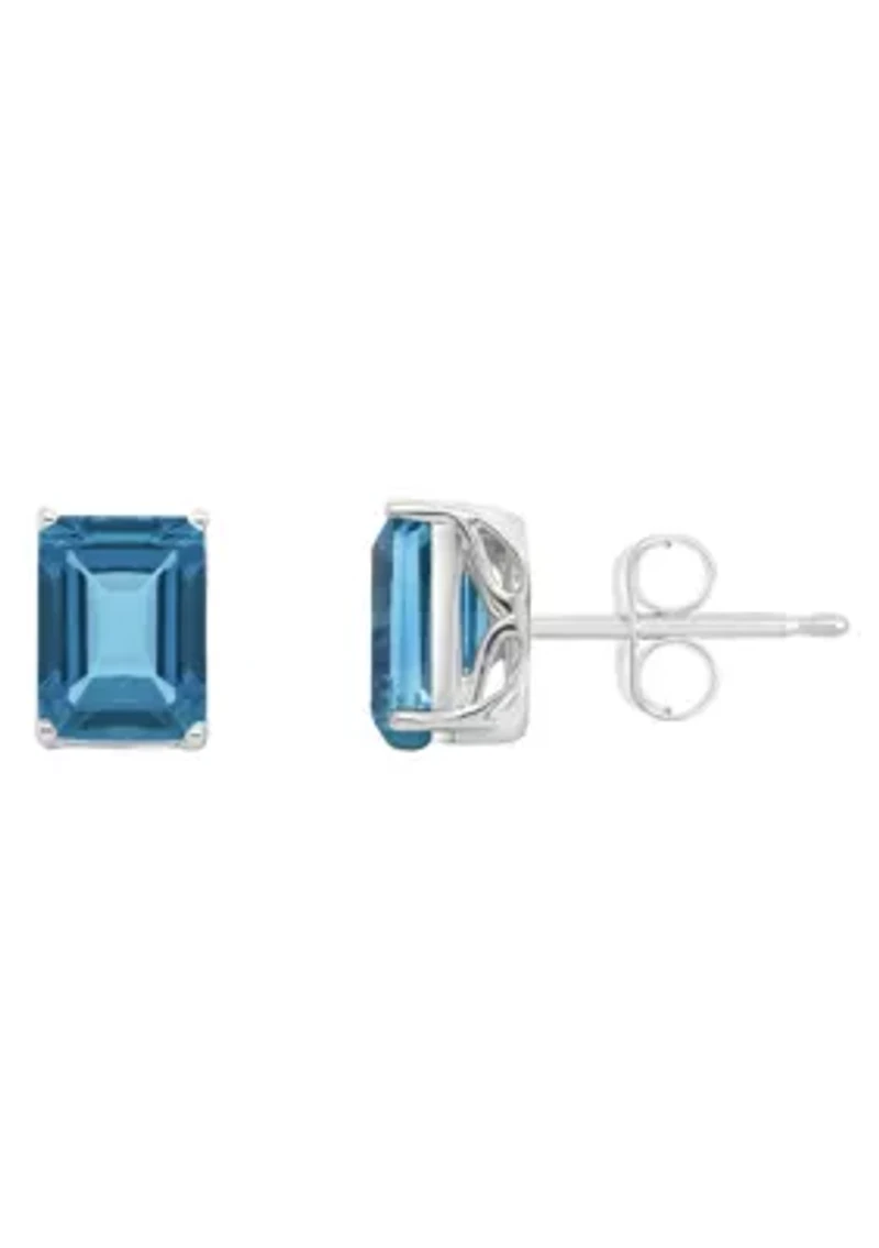 Sterling Silver 8x6mm Emerald Cut London Blue Topaz Stud Earrings