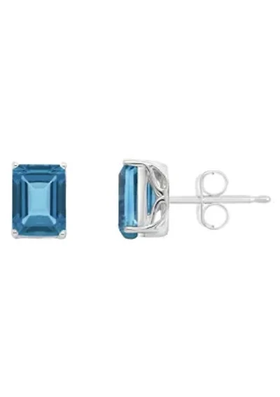 Sterling Silver 8x6mm Emerald Cut London Blue Topaz Stud Earrings