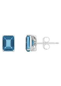 Sterling Silver 8x6mm Emerald Cut London Blue Topaz Stud Earrings