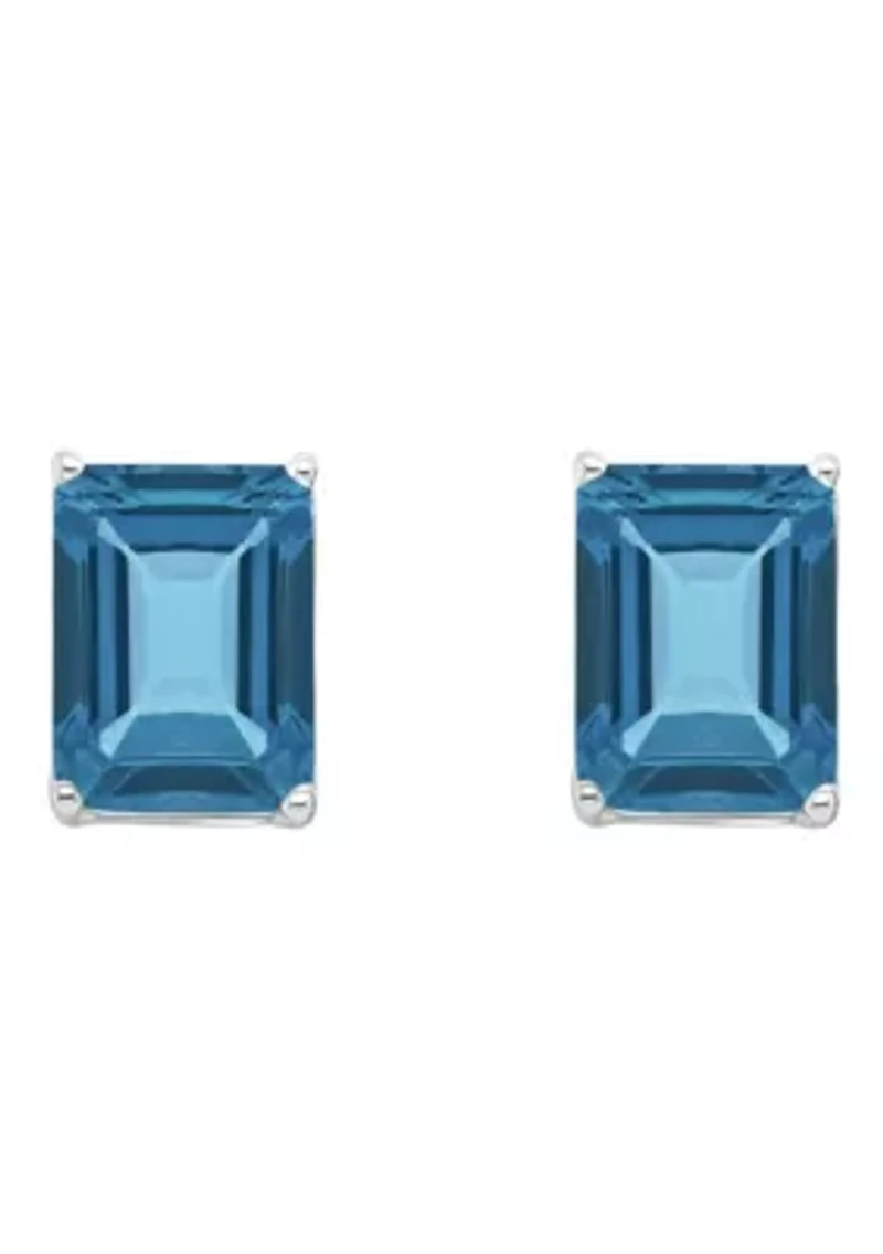 Sterling Silver 8x6mm Emerald Cut London Blue Topaz Stud Earrings