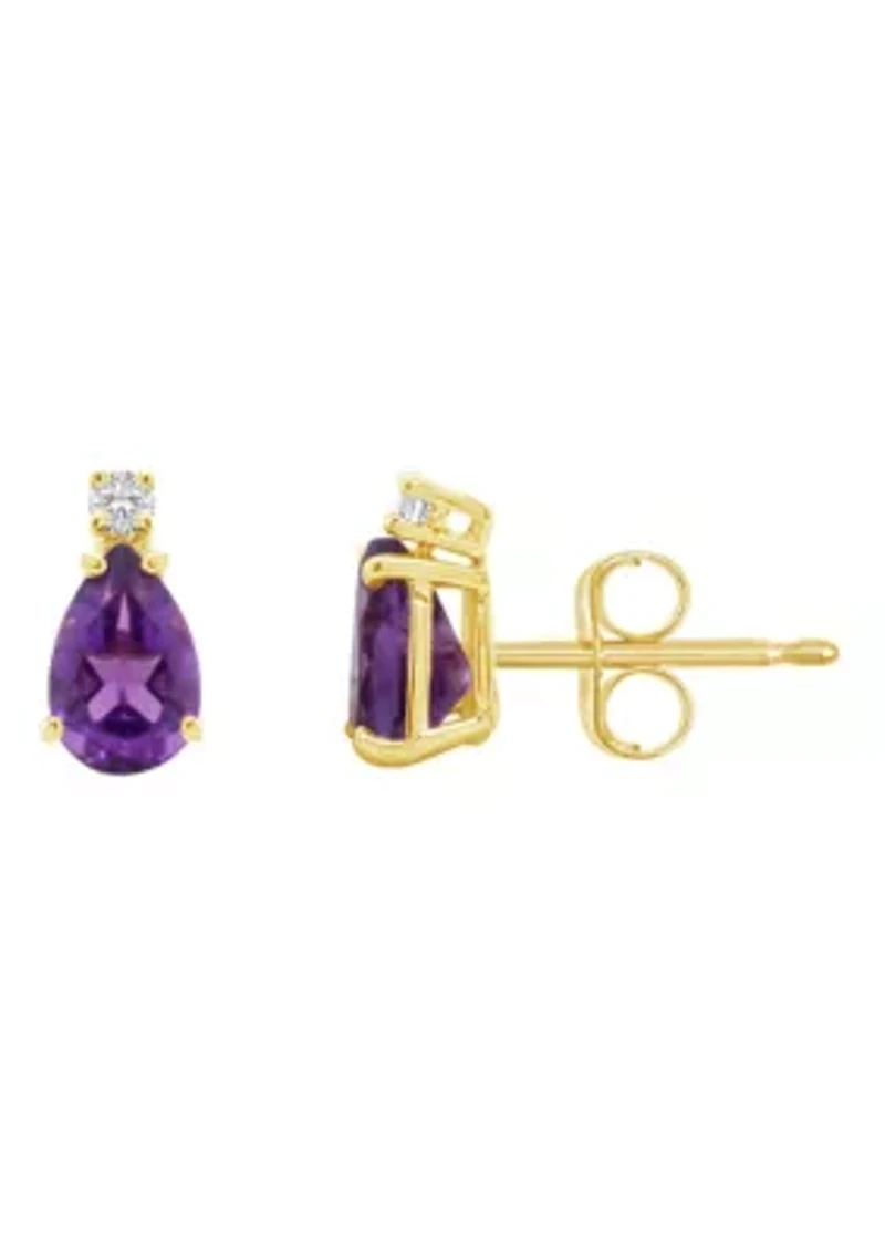 14K Gold 6x4 Pear Shape Amethyst Diamond Accent Earrings