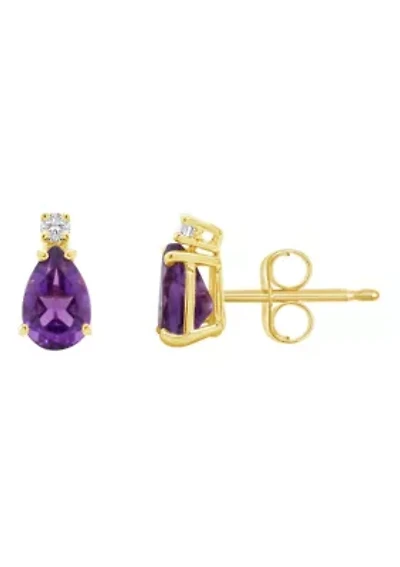 14K Gold 6x4 Pear Shape Amethyst Diamond Accent Earrings