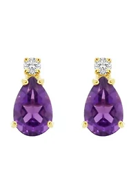 14K Gold 6x4 Pear Shape Amethyst Diamond Accent Earrings
