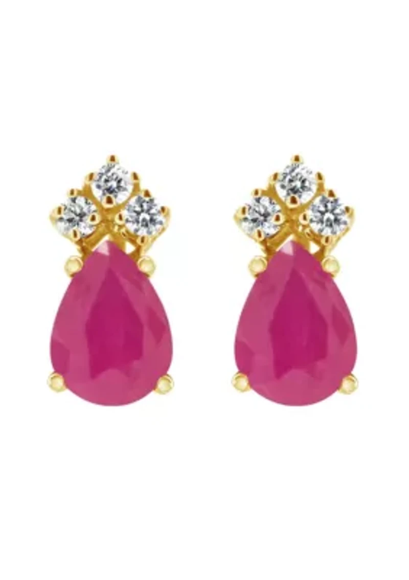 14K Gold 6x4 Pear Shape Ruby 1/8 Cttw Diamond Earrings