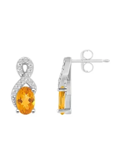 Sterling Silver 6x4mm Oval Citrine and White Topaz Accent Earrings