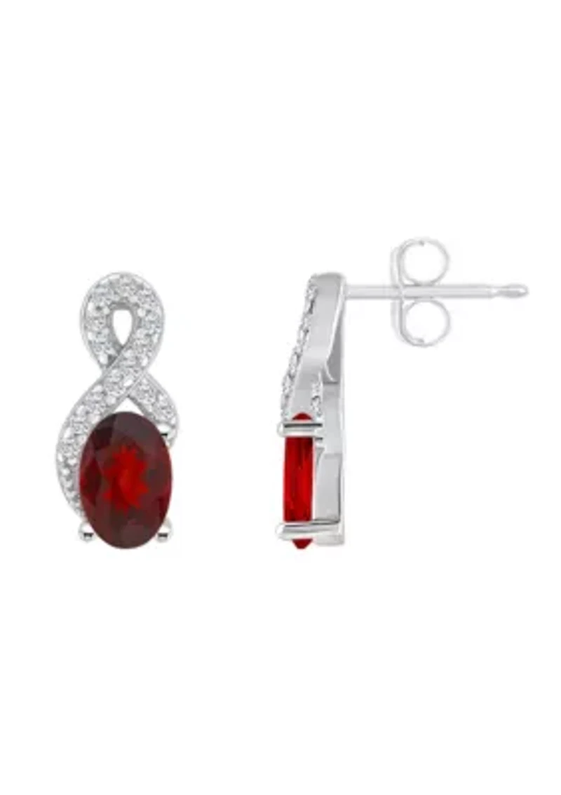 Sterling Silver 6x4mm Oval Garnet and White Topaz Accent Earrings
