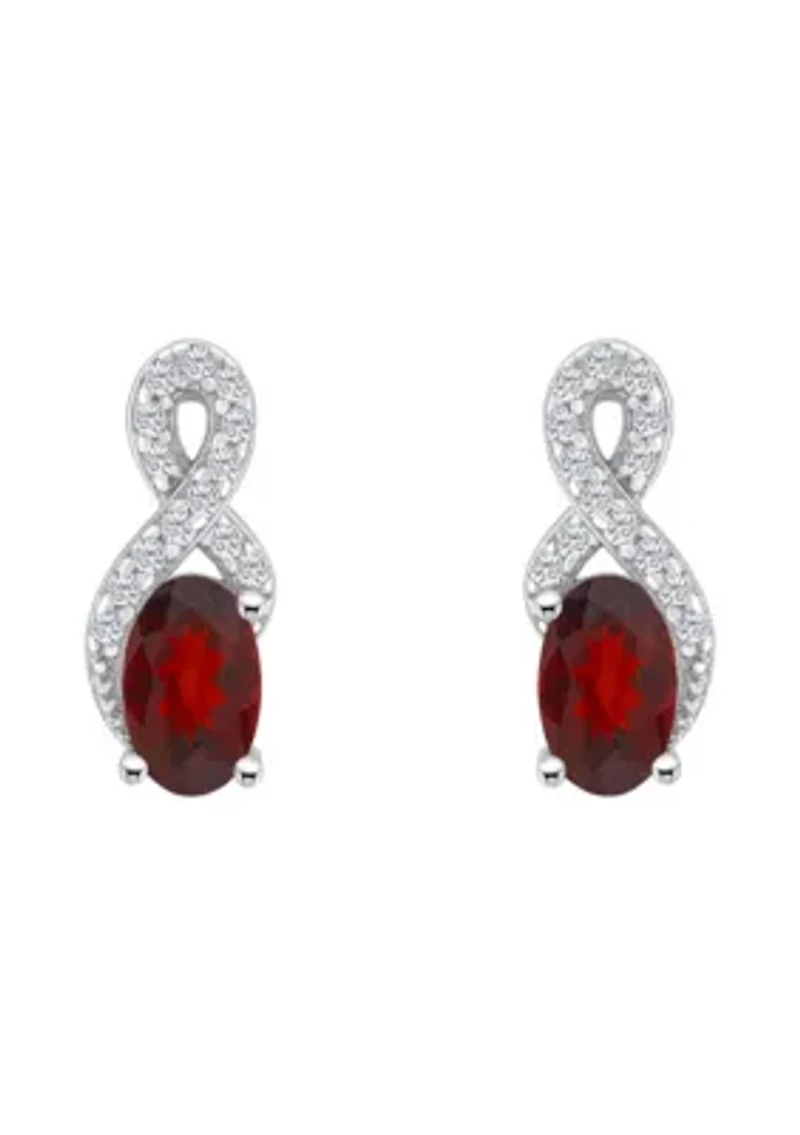 Sterling Silver 6x4mm Oval Garnet and White Topaz Accent Earrings