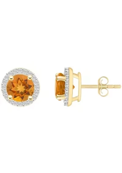 10K Yellow Gold 6mm Round Citrine & Created White Sapphire Halo Stud Earrings