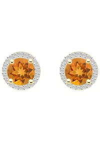 10K Yellow Gold 6mm Round Citrine & Created White Sapphire Halo Stud Earrings