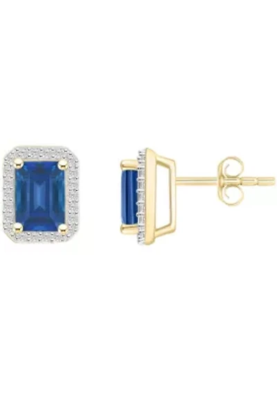 Lab Created 10K Yellow Gold 7x5mm Emerald Cut Created Sapphire & Created White Sapphire Halo Stud Earrings