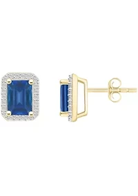 Lab Created 10K Yellow Gold 7x5mm Emerald Cut Created Sapphire & Created White Sapphire Halo Stud Earrings