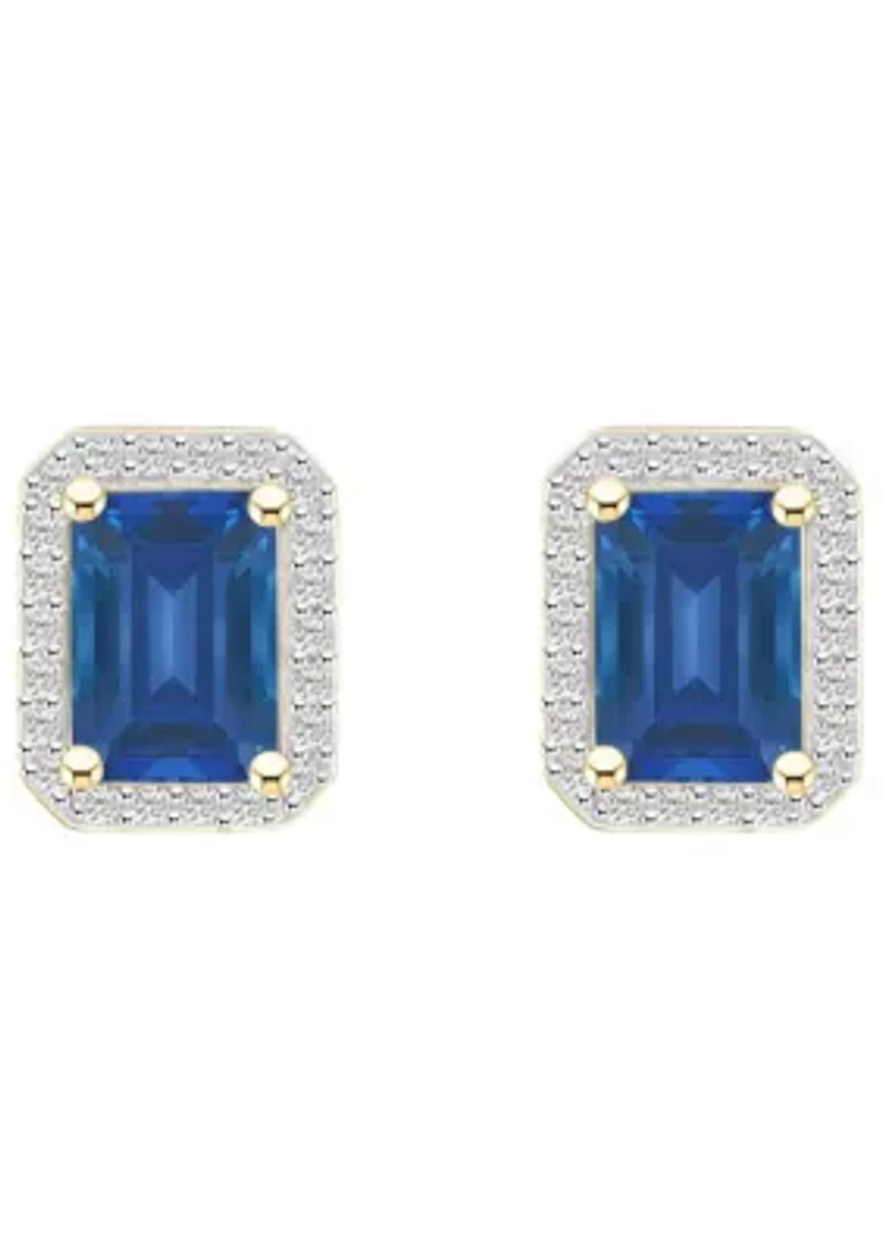 Lab Created 10K Yellow Gold 7x5mm Emerald Cut Created Sapphire & Created White Sapphire Halo Stud Earrings