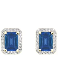 Lab Created 10K Yellow Gold 7x5mm Emerald Cut Created Sapphire & Created White Sapphire Halo Stud Earrings