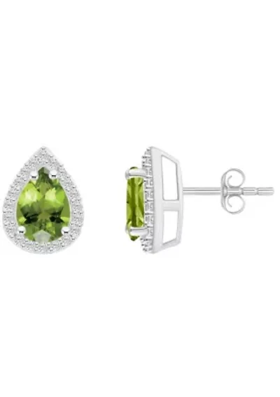 10K White Gold 7x5mm Pear Shape Peridot & Created White Sapphire Halo Stud Earrings