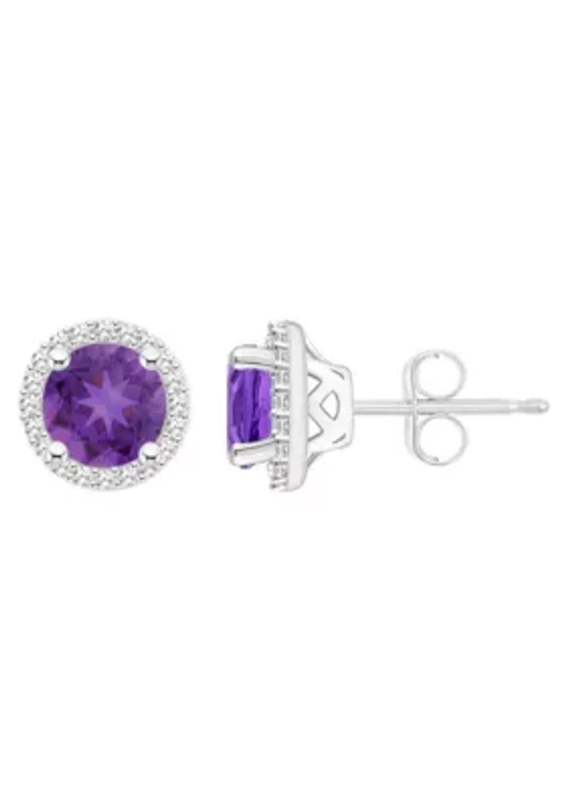 Sterling Silver 6mm Round Amethyst 1/5 CTTW Diamond Halo Stud Earrings