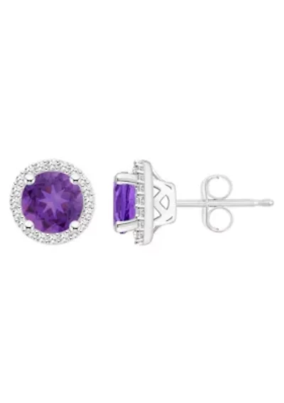 Sterling Silver 6mm Round Amethyst 1/5 CTTW Diamond Halo Stud Earrings