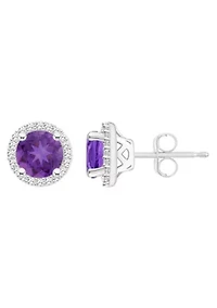Sterling Silver 6mm Round Amethyst 1/5 CTTW Diamond Halo Stud Earrings