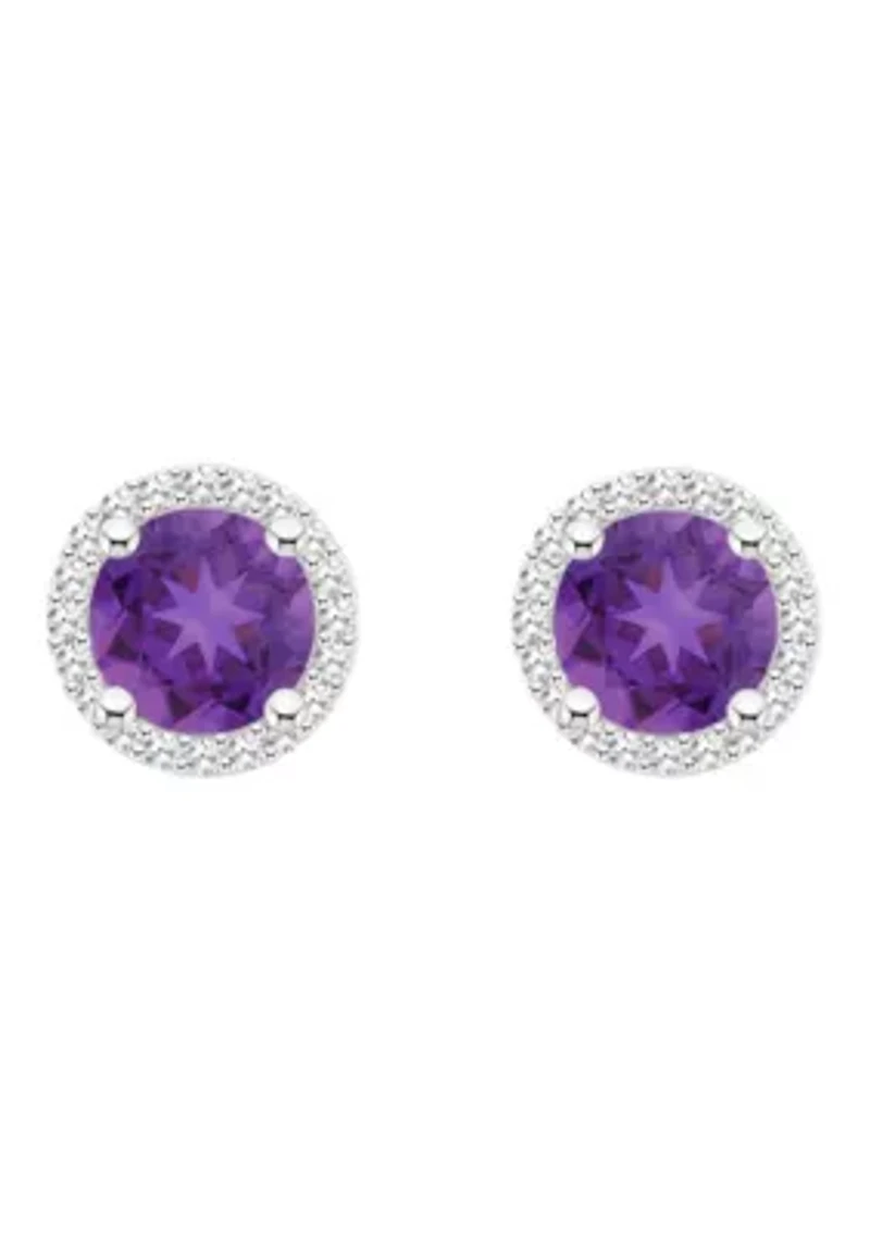 Sterling Silver 6mm Round Amethyst 1/5 CTTW Diamond Halo Stud Earrings