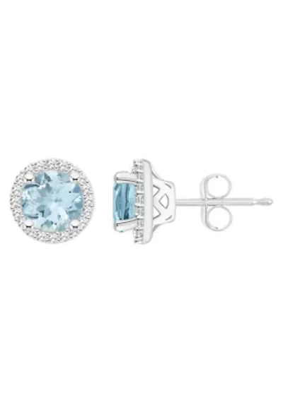Sterling Silver 6mm Round Aquamarine 1/5 CTTW Diamond Halo Stud Earrings