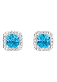 Sterling Silver 5mm Cushion Blue Topaz 1/5 CTTW Diamond Halo Stud Earrings