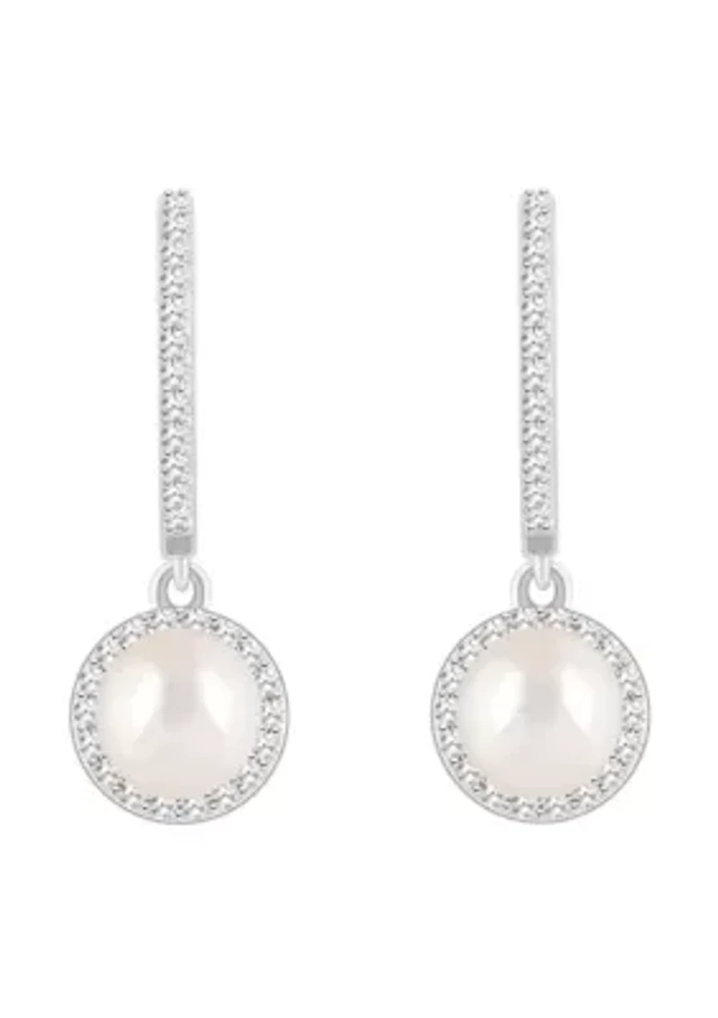 Sterling Silver 6mm Round Pearl 1/3 CTTW Diamond Huggie Hoop Drop Earrings