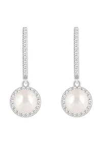 Sterling Silver 6mm Round Pearl 1/3 CTTW Diamond Huggie Hoop Drop Earrings