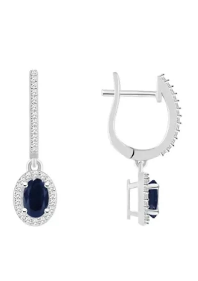 Sterling Silver 6x4mm Oval Sapphire 1/3 CTTW Diamond Huggie Hoop Drop Earrings