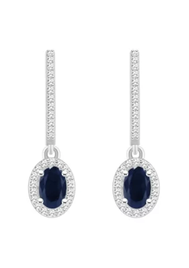 Sterling Silver 6x4mm Oval Sapphire 1/3 CTTW Diamond Huggie Hoop Drop Earrings