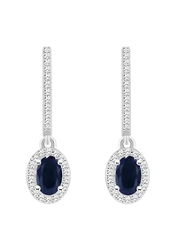 Sterling Silver 6x4mm Oval Sapphire 1/3 CTTW Diamond Huggie Hoop Drop Earrings