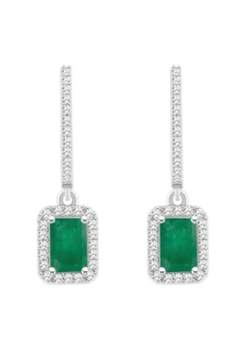 Sterling Silver 6x4mm Emerald Cut Emerald 1/3 CTTW Diamond Huggie Hoop Drop Earrings