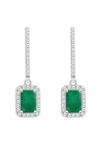 Sterling Silver 6x4mm Emerald Cut Emerald 1/3 CTTW Diamond Huggie Hoop Drop Earrings