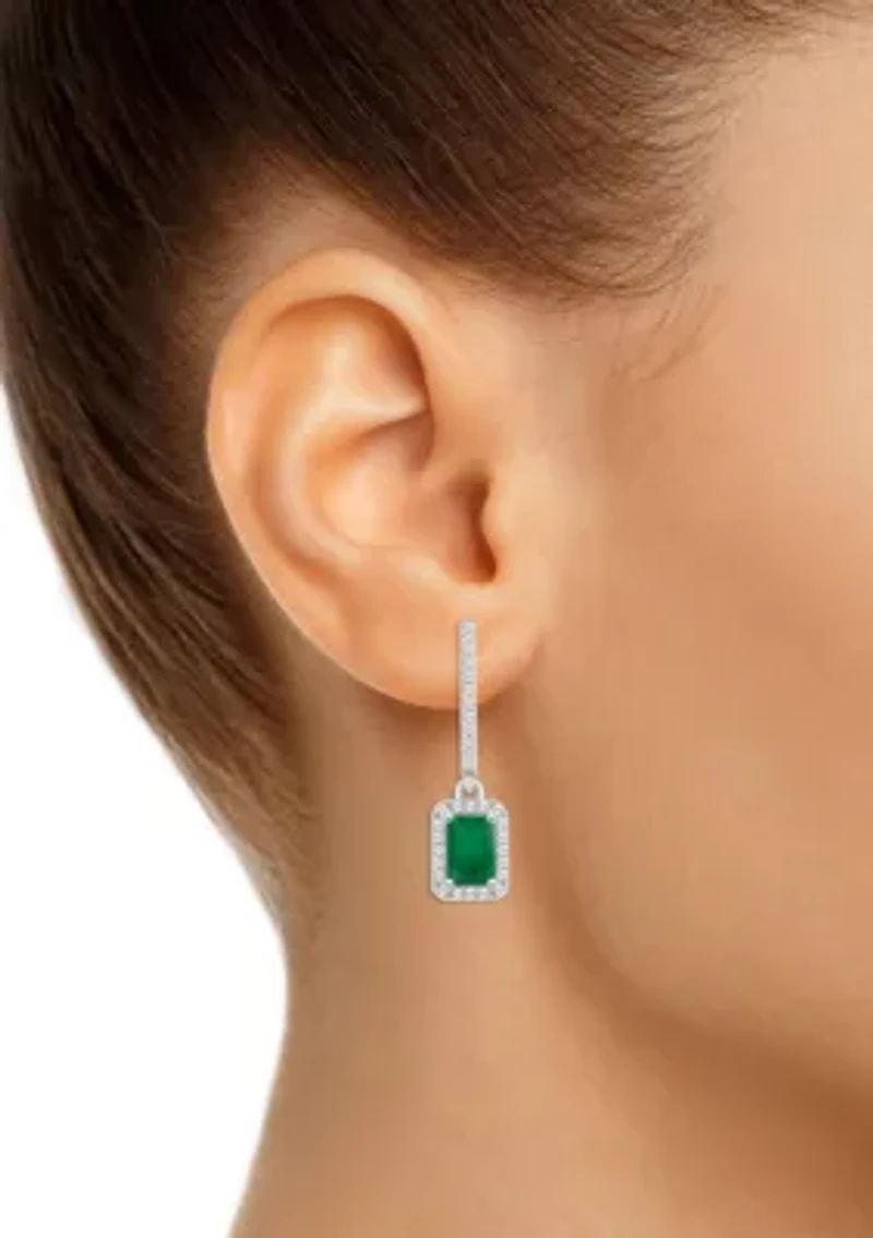 Sterling Silver 6x4mm Emerald Cut Emerald 1/3 CTTW Diamond Huggie Hoop Drop Earrings