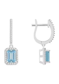 Sterling Silver 7x5mm Emerald Cut Aquamarine 1/3 CTTW Diamond Huggie Hoop Drop Earrings